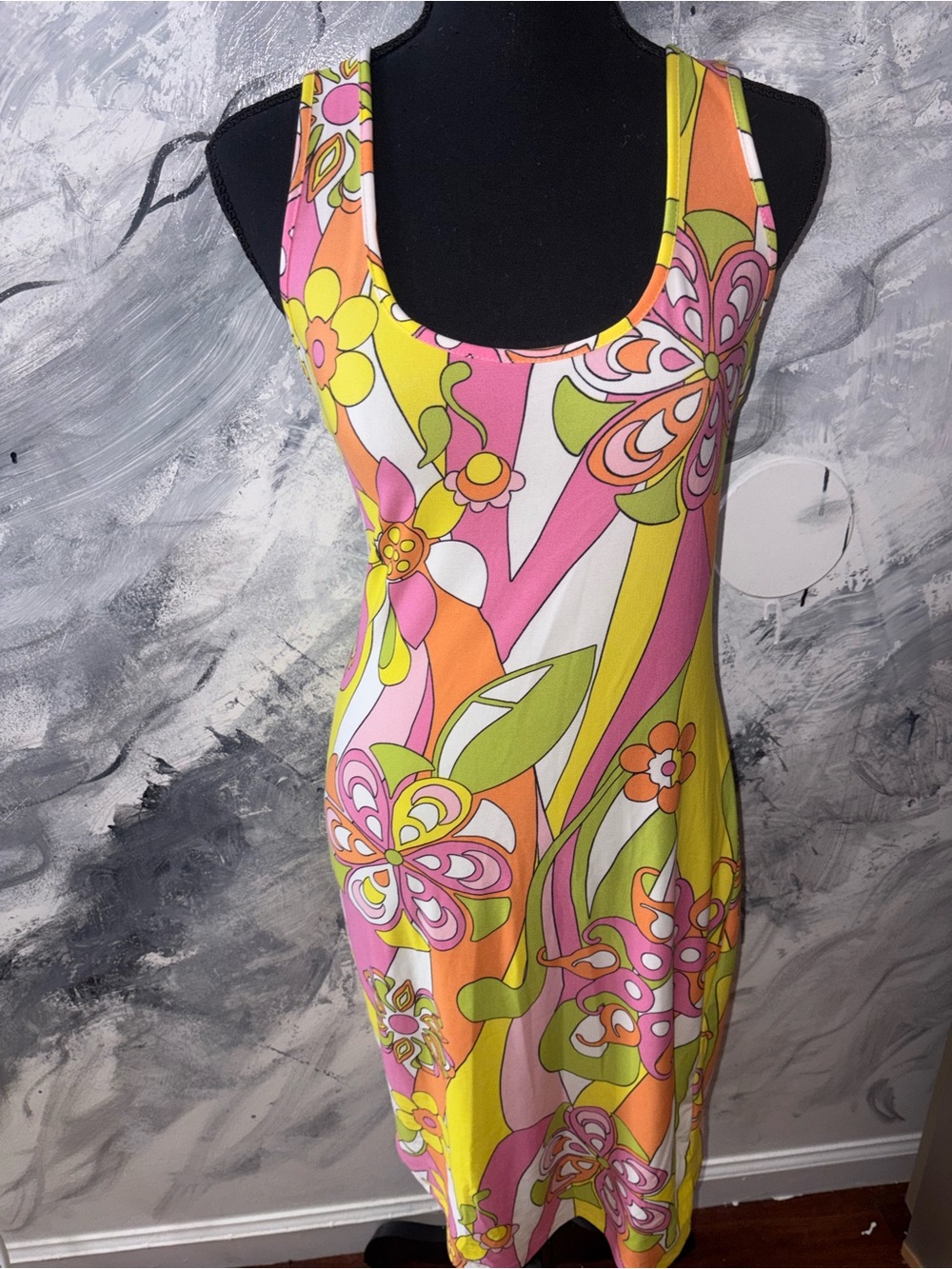 Floral Scoop Neck Stretch Dress - Pink, Yellow & Orange